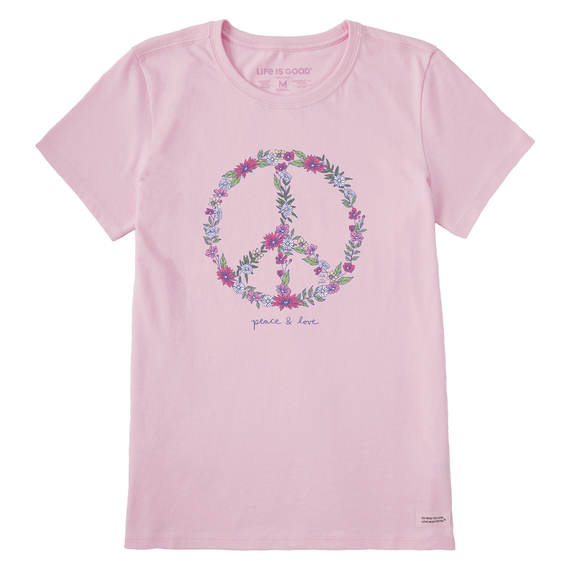 Life is Good Women's Wildflower Love Peace Sign Crusher Short Sleeve T-Shirt in Seashell Pink Size XS | 100% Cotton