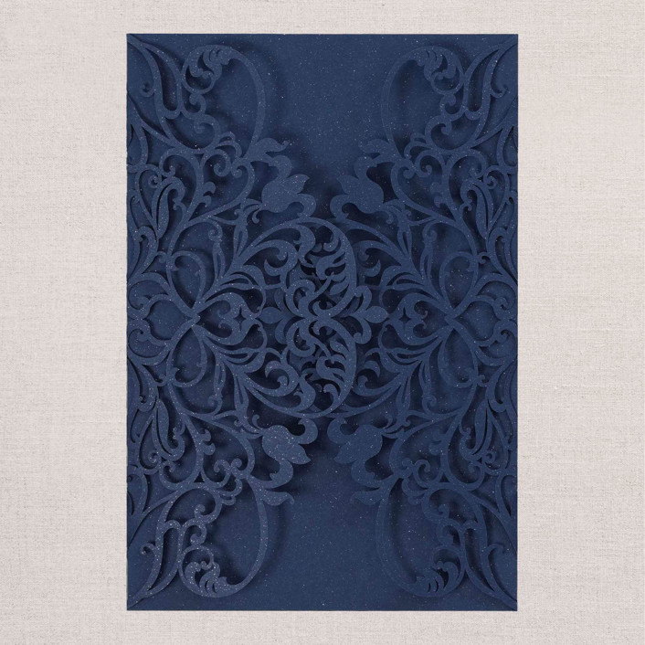 Qty Of 50 Custom Navy Irridescent Shimmer Exquisite Lace Laser Cut | Other Color Options Available Invitation Pockets