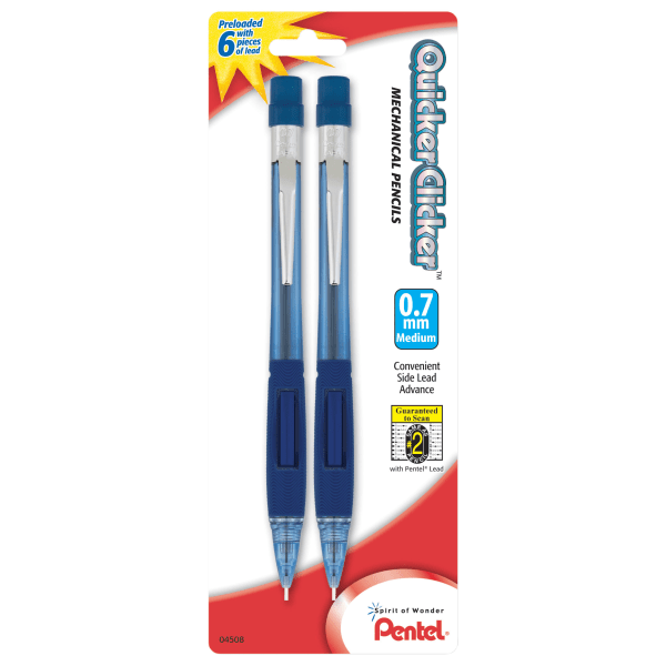 Pentel� Quicker Clicker� Mechanical Pencil, 0.7mm, #2 Lead, Transparent Blue Barrel, Pack Of 2