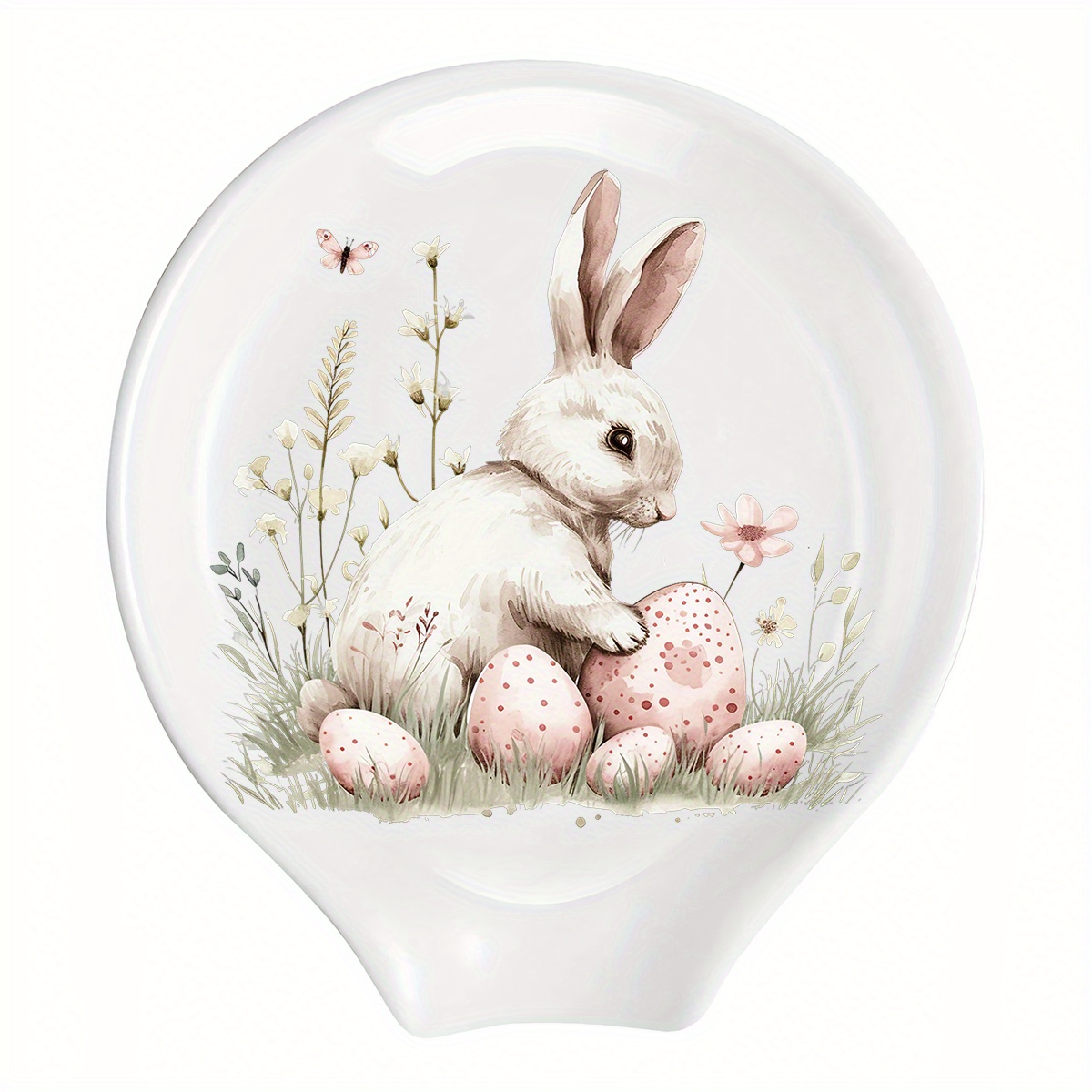TEMU Ceramic Spoon Holder For The Kitchen, Featuring An Easter Theme With A Of Eggs And Bunnies, Perfect For Spring Decor And Holding Utensils Like Spatulas, Ladles, And Forks