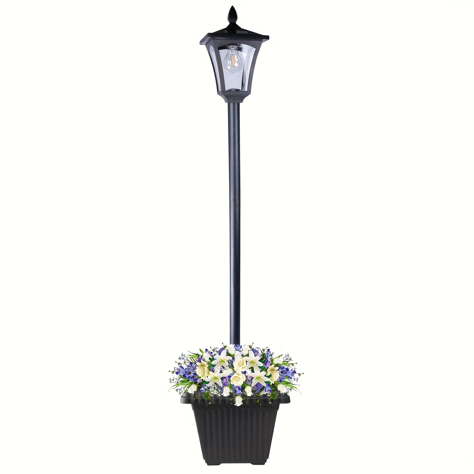 TEMU Solar Lamp Post With Flower Pot Outdoor Solar Flower Is Suitable For Outdoor Garden Use Day And Night Automatic Solar Light, The Bulb Is Replaceable And Decorative.