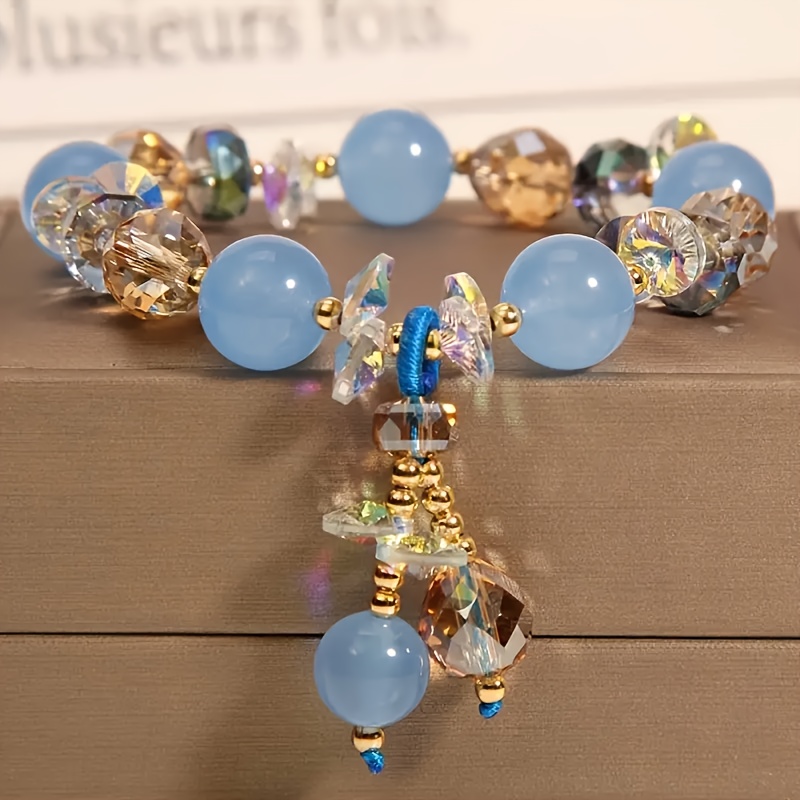 TEMU Elegant Handmade Boho Aquamarine & Yellow Gemstone Bracelet - Perfect Gift For Family, , And On Valentine's Day, Valentines Day Gifts