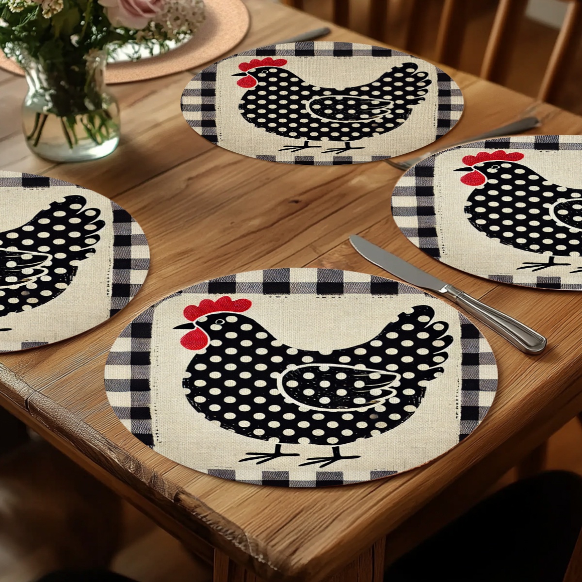 TEMU 4pcs 2d Flat Placemats, Rustic Farmhouse Chicken Pattern, Polka Dot Round With Design, Durable Fabric For Kitchen, Dining Room, 2d Flat