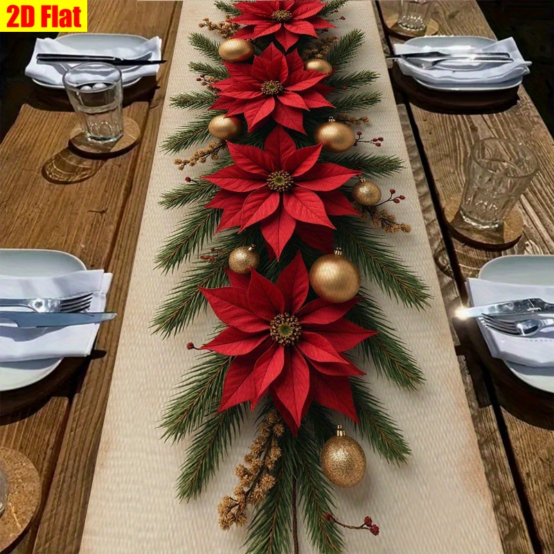 TEMU 2d Flat, Festive Christmas Table Runner With Poinsettia & Pine Needles - Linen , Red & Decor For Home, Kitchen, Restaurant - Ideal For Christmas Party, Christmas Table Decorations, 2d Flat