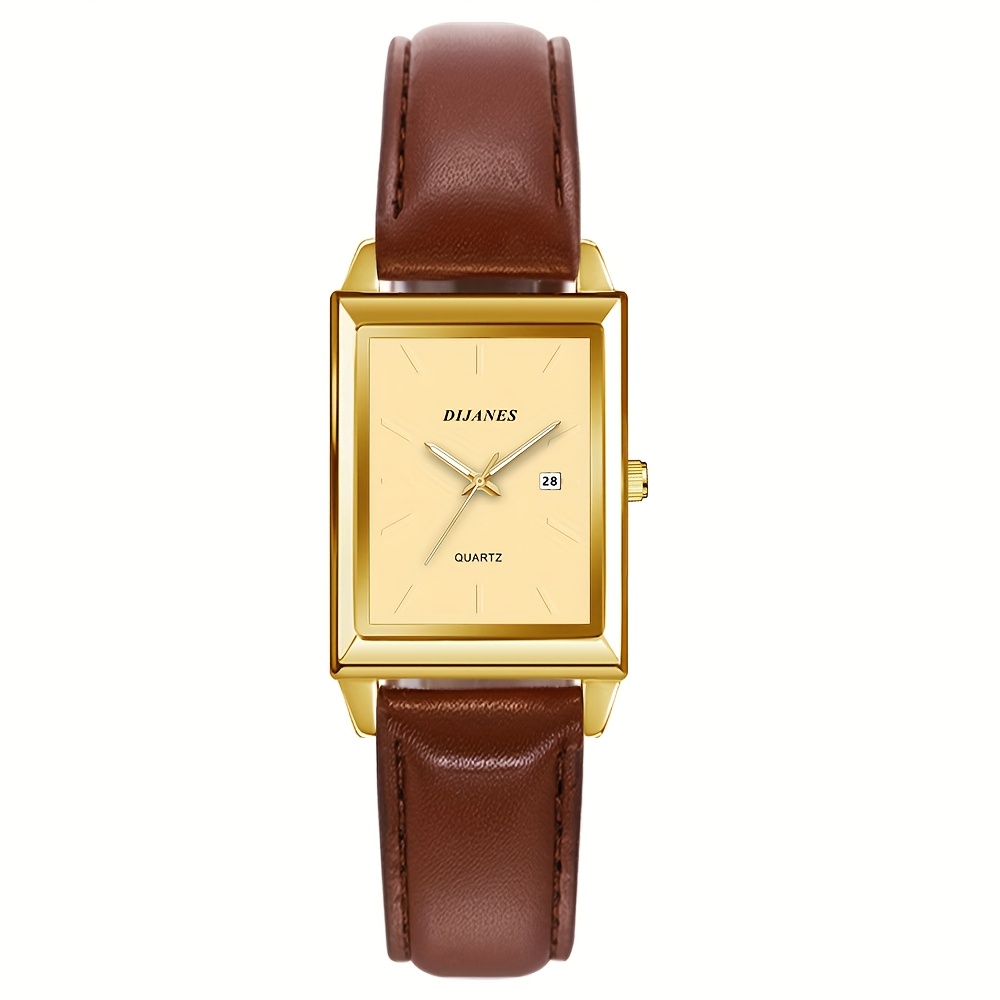 TEMU Elegant Golden And Brown Strap Watch For Men, Perfect For Business