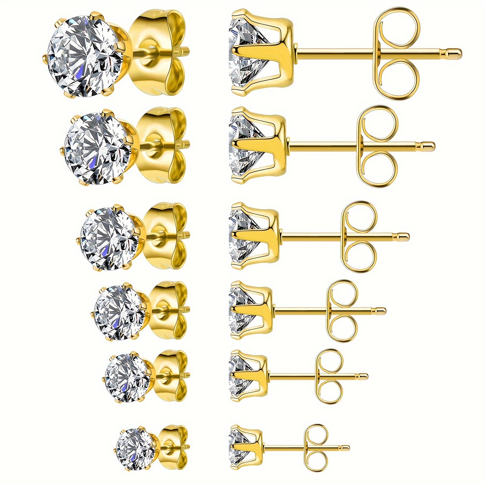 TEMU Men's & Women's Six-prong Synthetic Zirconia Stud Earrings - Closure Small Ear Bone, Durable Claw Setting For Daily Wear, Wedding, Party, (unisex For )