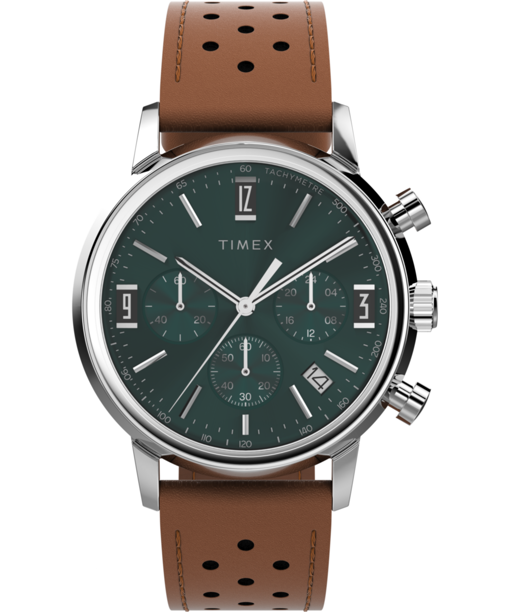 Men's Watch Marlin® Chronograph Tachymeter 40mm Leather Strap | Brown/Stainless Steel/Green
