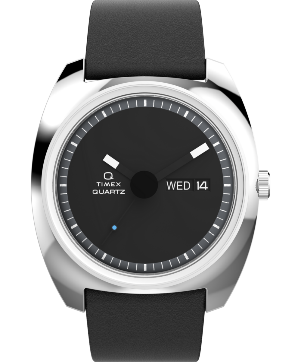 Men's Watch Q Timex® 1975 Enigma 37mm Leather Strap | Black/Silver-Tone/Black, Stainless Steel