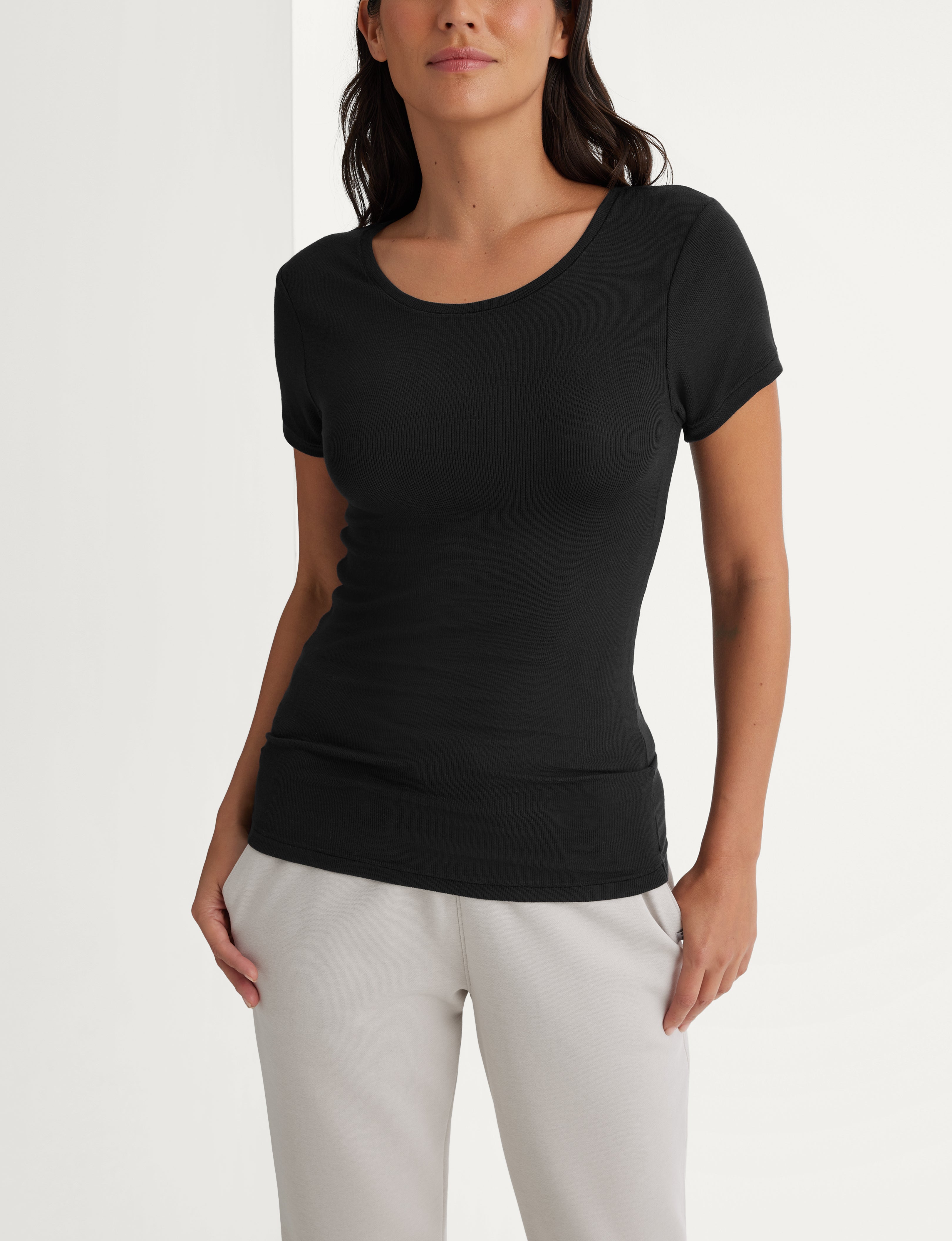 Tommy John Women's Micro Rib Cap Sleeve T-Shirt in Black Size M (8-10)