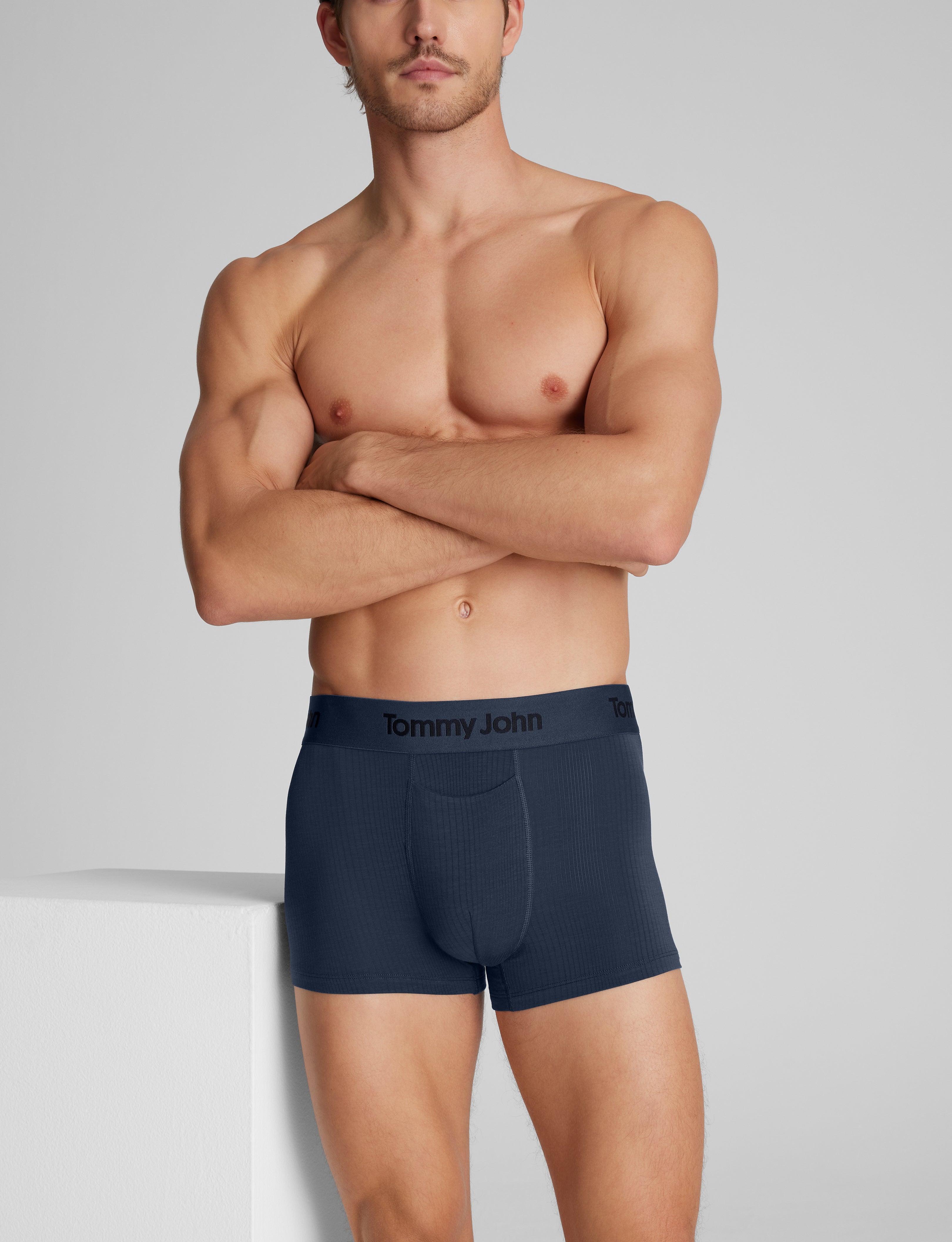 Tommy John Men's Second Skin Luxe Rib Square Cut 2" Boxer Brief in Blue Luxe Size Medium
