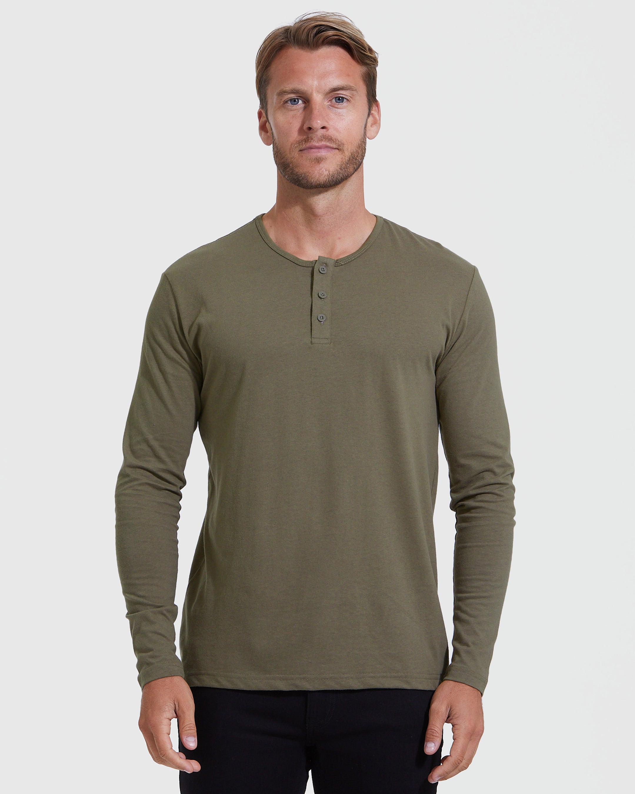 True Classic Military Green Long Sleeve Henley Shirt | Cotton Blend | Athletic Cut | 2XL