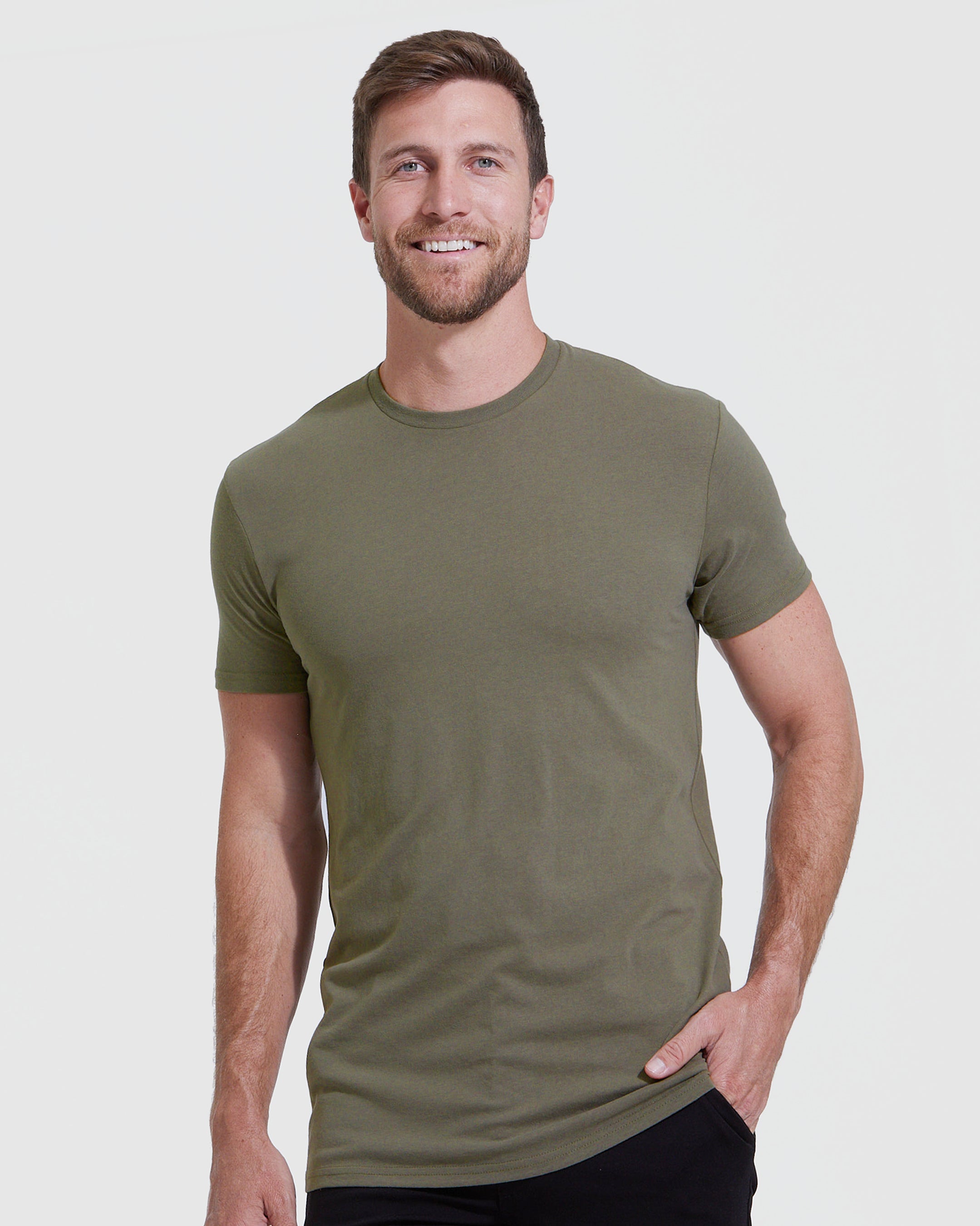 True Classic Military Green Tall Straight Hem Crew Neck T-Shirt | Cotton Blend | Athletic Cut | Small