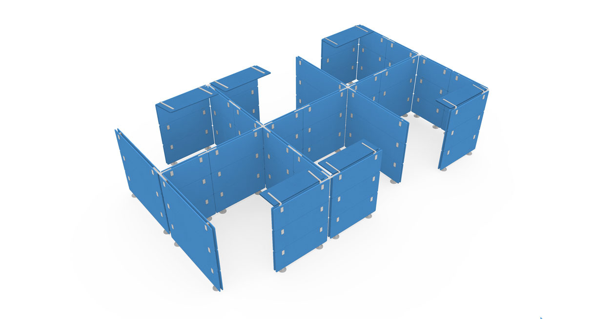 Blue OneWall Cubicle Acoustic Office Partition with Canopies- Configuration 6
