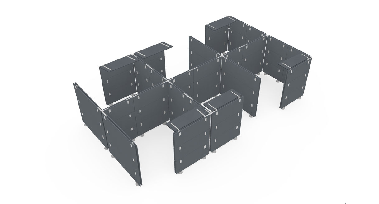 Dark Gray OneWall Cubicle Acoustic Office Partition with Canopies - Configuration 6
