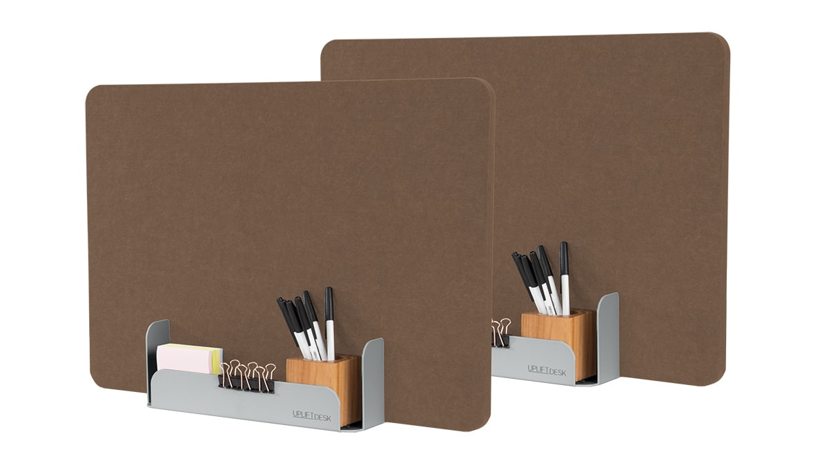 Two 22" x 15.5" Brown Acoustic Privacy Panel by UPLIFT Desk with Gray Desktop Panel Holders