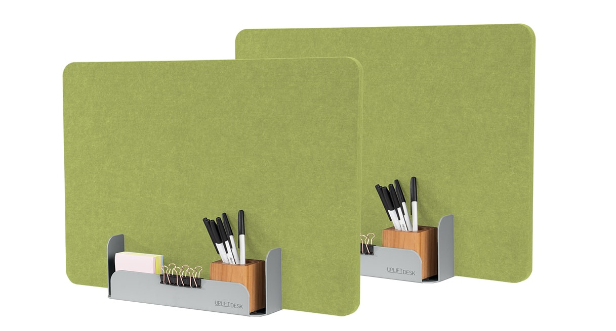 Two 22" x 15.5" Green Acoustic Privacy Panel by UPLIFT Desk with Gray Desktop Panel Holders