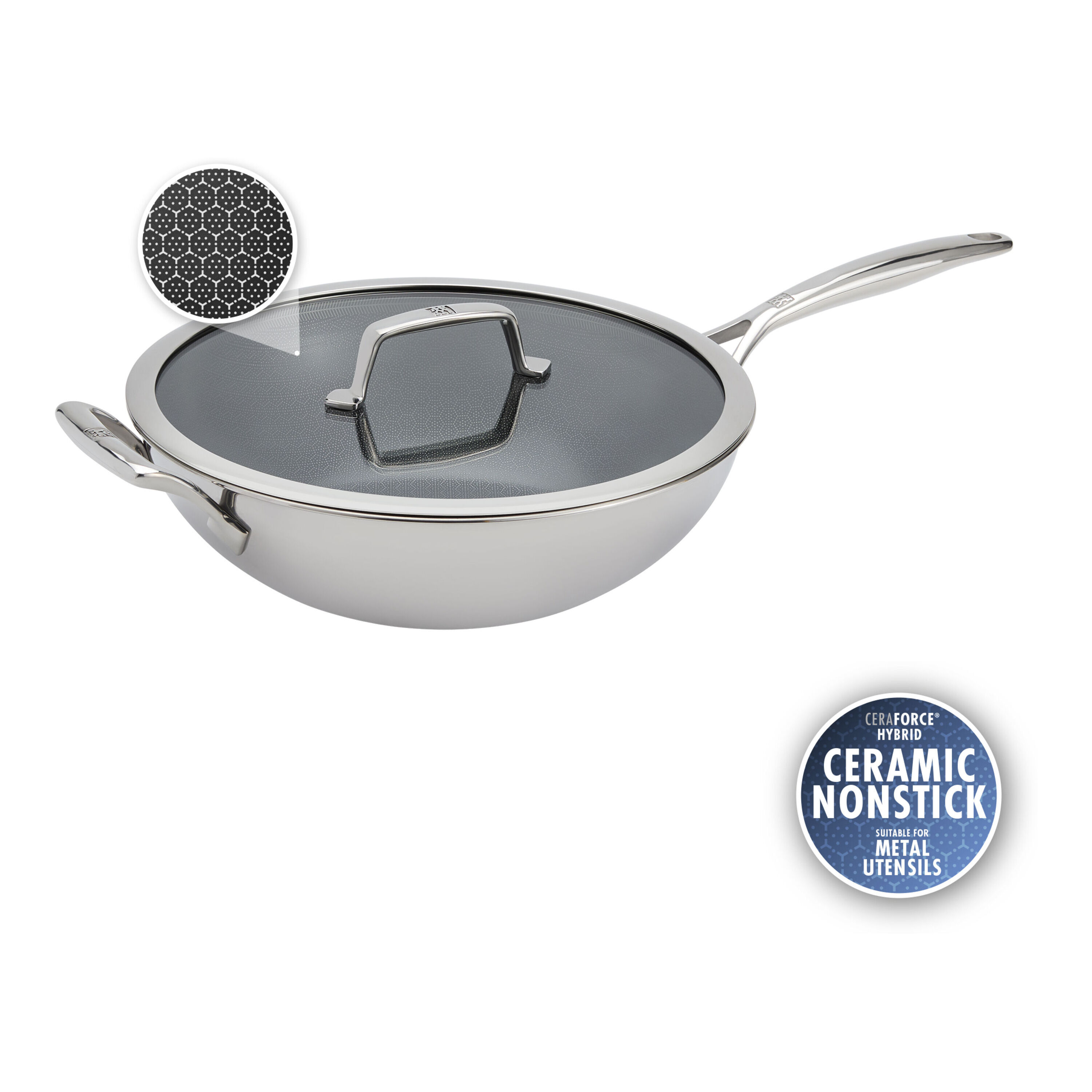 ZWILLING Peak 12-inch, 18/10 Stainless Steel, Wok With Lid Ceramic Hybrid